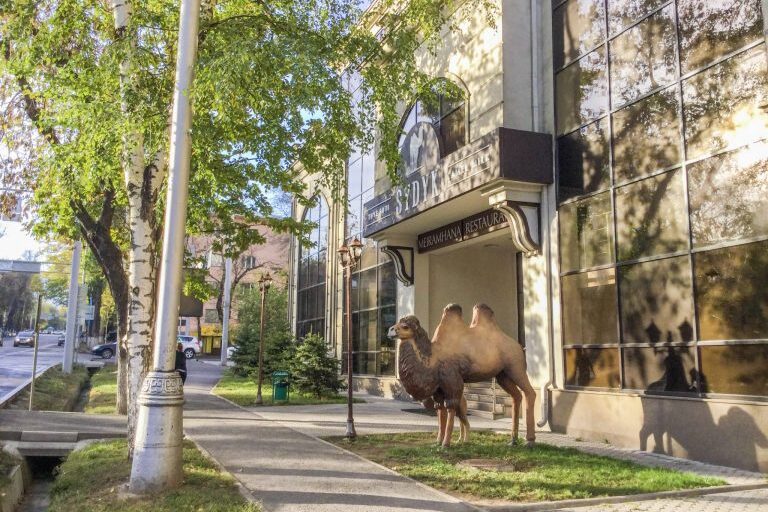 Kaksikyttyräisen kamelin patsas rakennuksen vieressä Almatyssa.